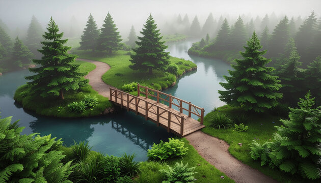 Wooden bridge over serene river in forest