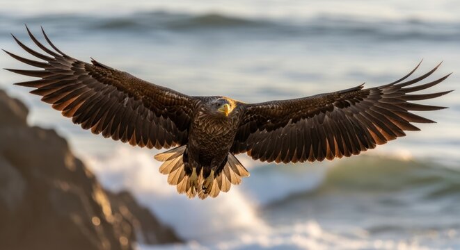 Soaring eagle in flight against a coastal background