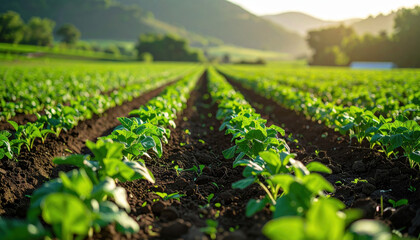 Obraz premium Young plant rows in green farm field under warm sunrise light