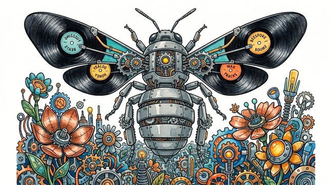 Steampunk bee illustration, intricate mechanical insect with vinyl record wings, surrounded by a vibrant garden of gears and metallic flowers, a whimsical blend of nature and industry.