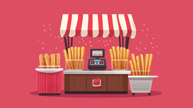 Illustration of a street food vendor stall selling a variety of breadsticks and other fried foods