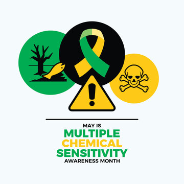 May is Multiple Chemical Sensitivity Awareness Month poster vector illustration. Green and yellow awareness ribbon and chemical hazard signs icon set. Template for background, banner, card