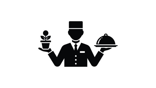 Black and white icon of a waiter serving a plant and a food cloche.