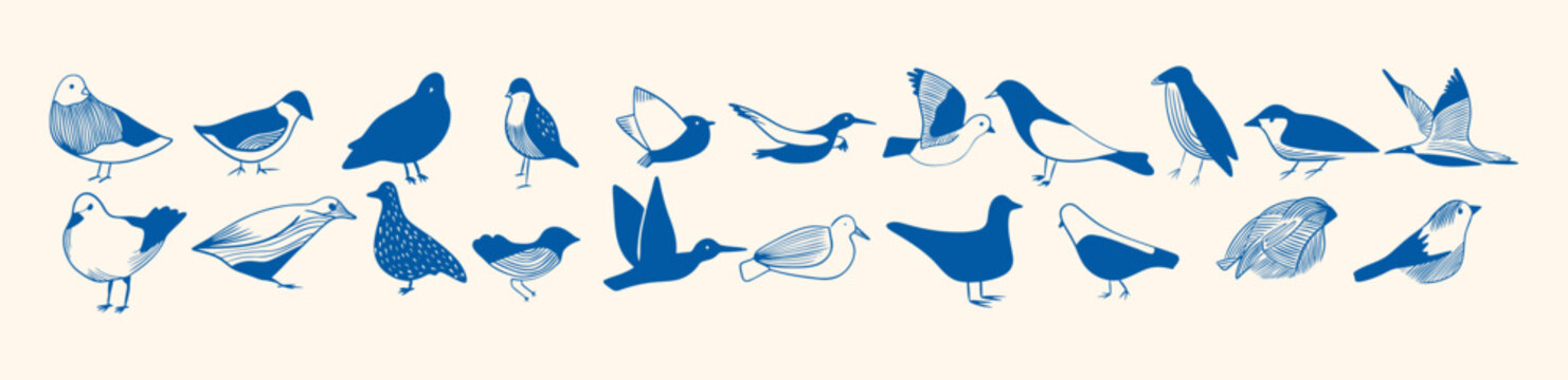 vector set of abstract bird icons in a blue linocut style, featuring handdrawn silhouettes and textured woodcut shapes for a naive folk art design