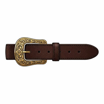 Close-up of a decorative leather belt with an ornate gold buckle on a plain background.