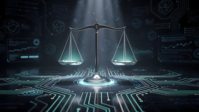 Digital balancing scale justice, fairness in modern technology environment. Holographic scales balance on illuminated datum background of ai circuitry. Innovation concept in abstract futuristic