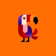 Fototapeta premium Flat of a cute toucan bird with geometric shapes and bright orange background
