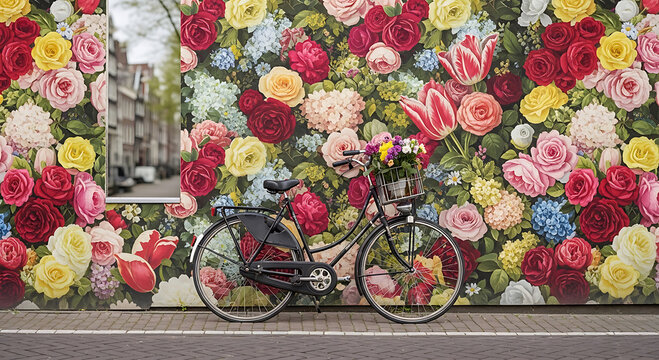 Vintage Black Bicycle with Flower Basket Against Vibrant Floral Wall Mural