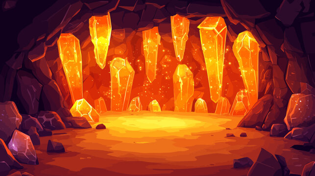 A fantastical, glowing cavern filled with crystalline structures in warm oranges and reds