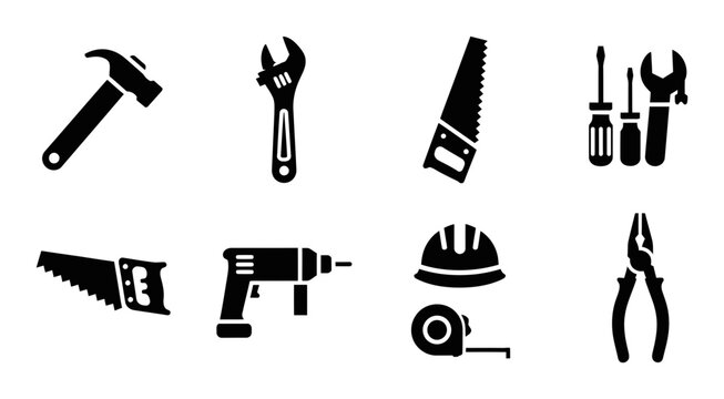 Essential construction tools vector icon set, black silhouette hardware collection, industrial equipment for repair and building projects, handyman supplies graphic resource