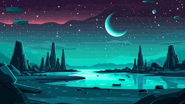 A pixelated landscape features a crescent moon, starry sky, and rocky formations near a body of water
