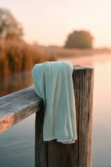 Fototapeta premium Green towel hanging on wooden pier railing at sunrise. Bathroom textile drying near lake. Morning wellness and spa concept. Calm outdoor scene with morning light and nature landscape.
