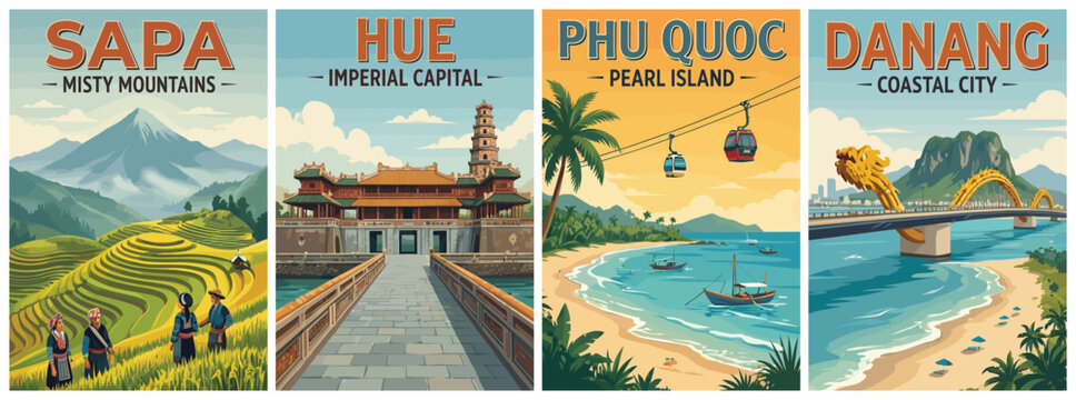 Vintage vietnam travel poster set. Including sapa misty mountains, hue imperial capital, phu quoc pearl island, and danang coastal city. Wall art prints.
