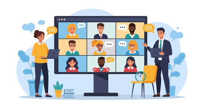 Diverse Team Meeting Online: Video Conference Call with Multiple Participants