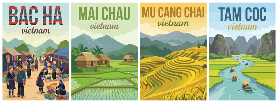 Vintage vietnam travel poster set. Including bac ha mountain market, mai chau stilt houses, mu cang chai rice terraces, and tam coc river. Wall art prints.