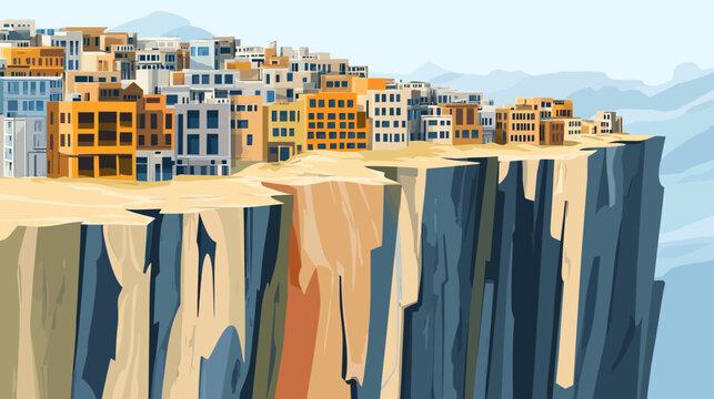 A stylized illustration depicting buildings situated on a cliff edge. Mountains are visible in the distance