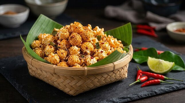 Savory spicy popcorn seasoned with Thai herbs, kaffir lime leaves, and dried chilies in a bamboo basket. Fusion food concept representing exotic flavors and creative Asian snacks.