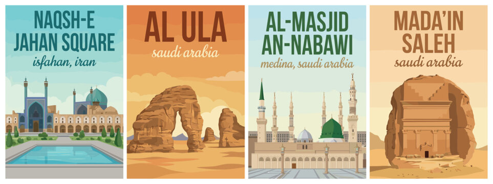 Vintage middle east travel poster set. Including naqsh-e jahan square, al ula, al-masjid an-nabawi medina, and mada'in saleh. Retro vector illustration.