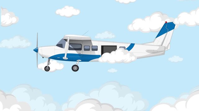Small propeller airplane flying through clouds with open door motion graphic.