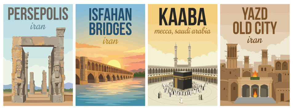 Vintage middle east travel poster set. Including persepolis ruins, isfahan bridges, kaaba mecca, and yazd old city iran. Retro vector illustration wall art.