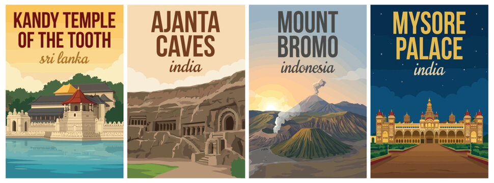 Vintage Asia travel poster set. Including Kandy Temple of the Tooth Sri Lanka, Ajanta Caves India, Mount Bromo Indonesia, and Mysore Palace India.