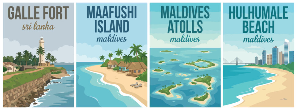 Vintage Asia travel poster set. Including Galle Fort Sri Lanka, Maafushi Island, Maldives Atolls, and Hulhumale Beach. Retro vector illustration.