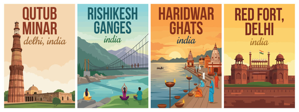 Vintage India travel poster set. Including qutub minar delhi, rishikesh ganges river, haridwar ghats, and red fort. Retro vector illustration.