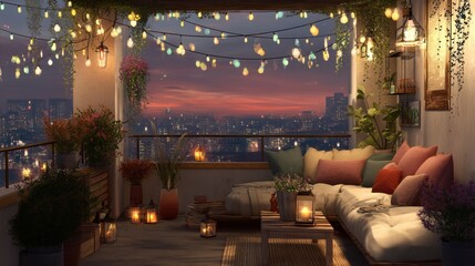 Obraz premium Cozy balcony with evening city view and glowing fairy lights. Comfortable outdoor lounge area with pillows and plants for night relaxation. Residential terrace design for leisure living.