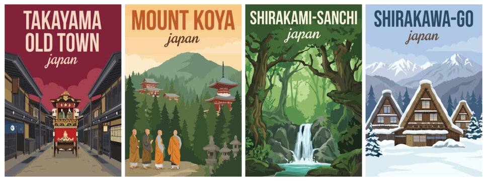 Vintage japan travel poster set. Including takayama old town, mount koya, shirakami-sanchi, and shirakawa-go. Minimalist flat vector wall art prints.