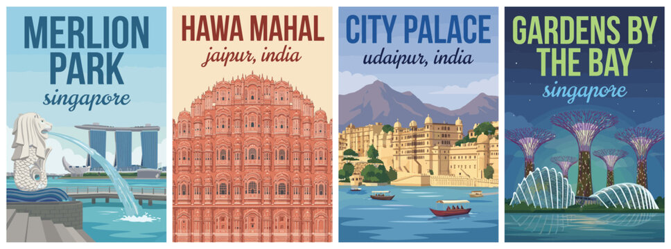 Vintage singapore and india travel poster set. Including merlion park, hawa mahal jaipur, city palace udaipur, and gardens by the bay. Wall art prints.