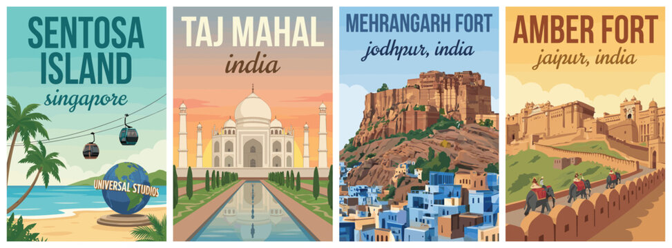 Vintage singapore and india travel poster set. Including sentosa island, taj mahal, mehrangarh fort jodhpur, and amber fort jaipur. Wall art prints.