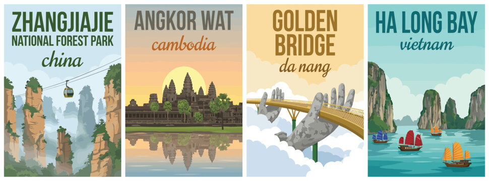Vintage asia travel poster set. Including zhangjiajie national forest park, angkor wat, golden bridge da nang, and ha long bay vietnam. Wall art prints.