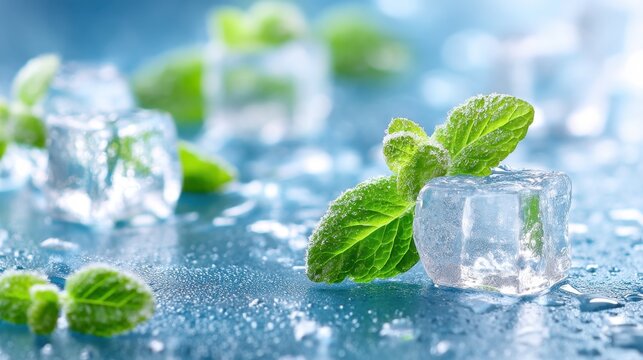 Fresh mint leaves with melting ice cubes on a wet blue surface. Cold refreshing concept for summer beverage and drink advertisement. Macro view of herbal garnish with water droplets.
