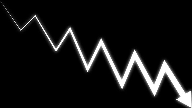 White glowing zigzag down arrow animation representing market decline and negative trend. Ideal for financial charts, business visuals, and data overlays alpha channel