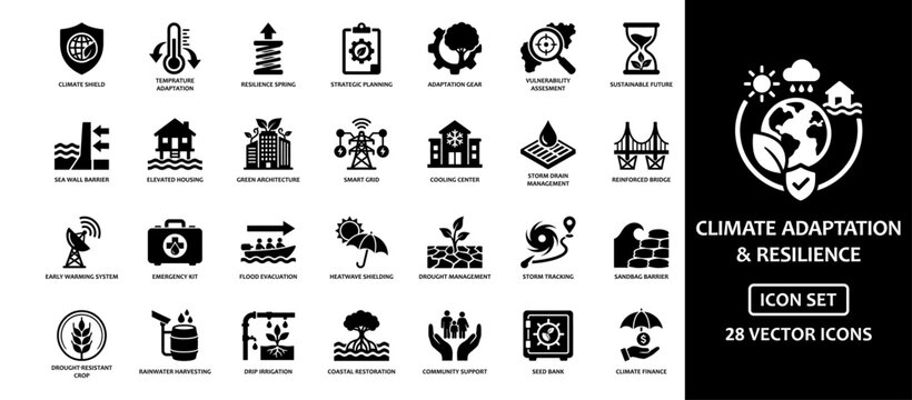 Climate adaptation and resilience solid icon set containing icons for sea wall, stilt house, green architecture, smart grid, hurricane tracking, and coastal protection. Professional vector graphics.