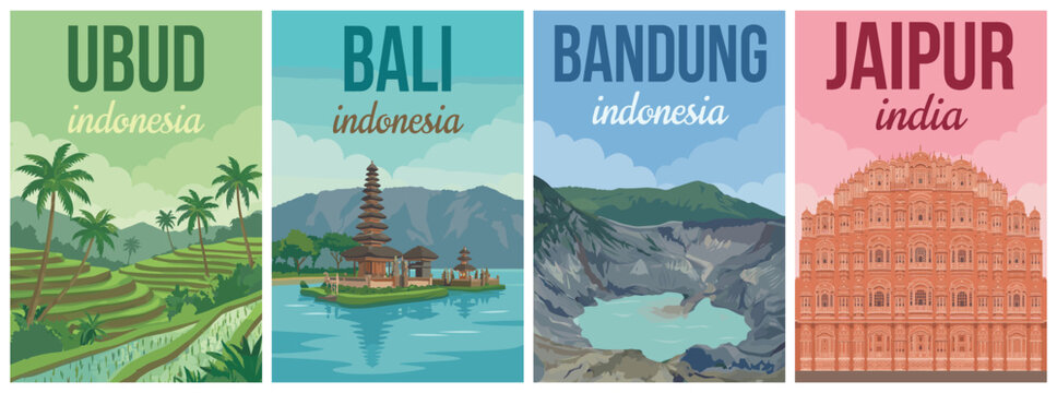 Vintage indonesia and india travel poster set. Including ubud, bali temple, bandung volcano, and hawa mahal jaipur. Minimalist wall art prints.