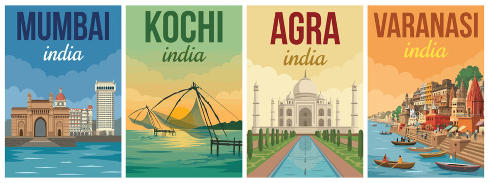 Vintage india travel poster set. Including mumbai gateway, kochi fishing nets, agra taj mahal, and varanasi. Flat vector wall art prints.