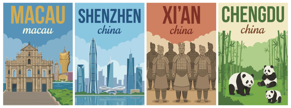 Vintage china travel poster set. Including macau, shenzhen skyline, xian terracotta warriors, and chengdu panda forest. Flat vector wall art prints.