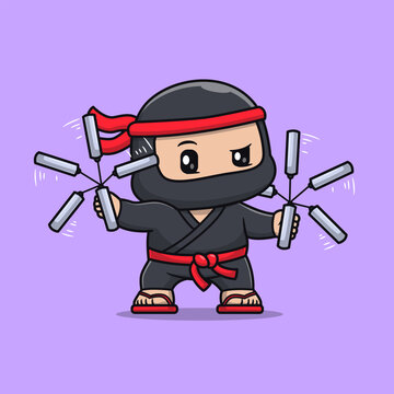Cute Ninja With Double Stick Weapon Cartoon 