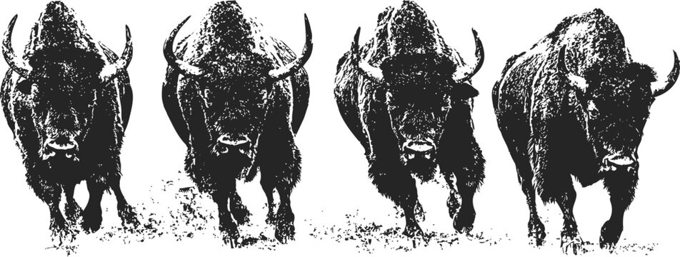 running american bison herd stampeding in dust wild buffalo mammals charging forward outdoors in nature
