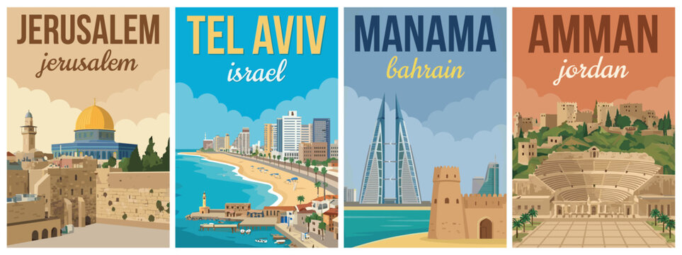 Vintage middle east travel poster set. Including jerusalem, tel aviv israel, manama bahrain, and amman jordan. Minimalist flat vector wall art prints