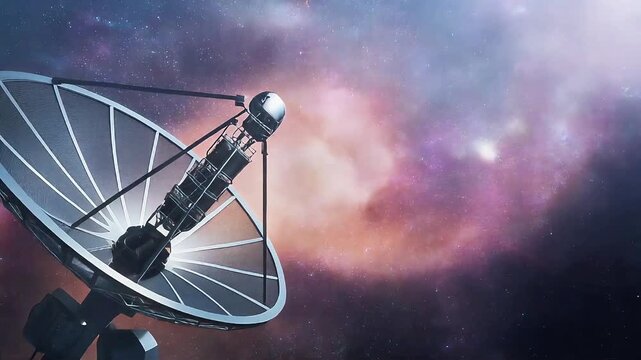 Cinematic 4K Footage of Satellite Dish Scanning Deep Space Nebula in Sci-Fi Universe