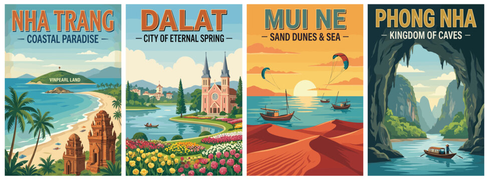 Vintage vietnam travel poster set. Including nha trang, dalat, mui ne, and phong nha caves. Minimalist flat vector landscape wall art prints.