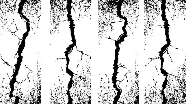 Four vertical cracked wall textures with rough edges and varying crack patterns in black and white
