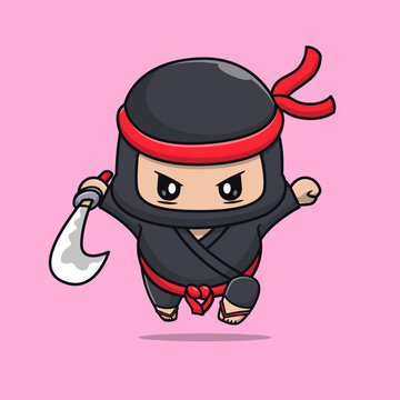 Cute Ninja Attacking With Sword Cartoon