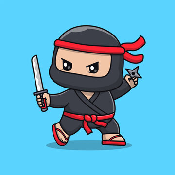 Cute Ninja Fighter Holding Sword And Shuriken Cartoon