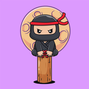 Cute Ninja Sitting On Wood With Moon Cartoon 