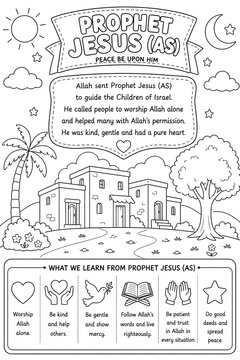 Prophet Jesus AS Story Islamic Coloring Page - Prophet Isa AS Life and Lessons Educational Poster for Kids