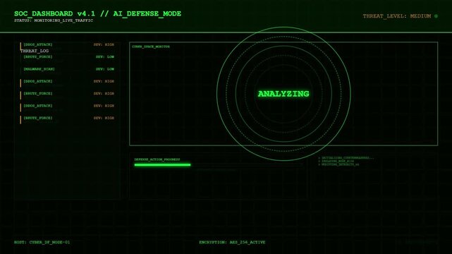 Futuristic SOC Dashboard HUD with Green AI Defense Mode Monitoring Live Traffic and Cyber Space Analyzing Interface.