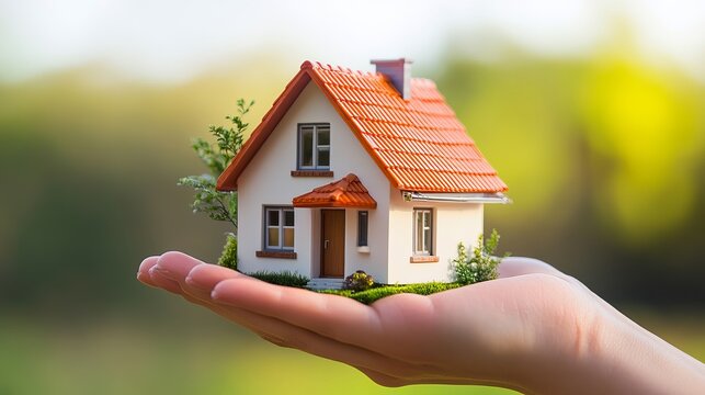 A hand holding a miniature model house with a green lawn and trees in the background.